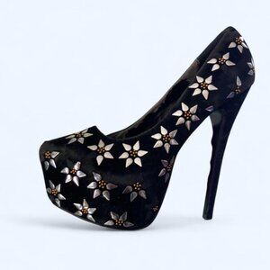 Black velvet platform heels with flower design French Kiss 9 inside peeling
